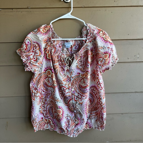 Liz Claiborne Boho Short Sleeve Blouse - Size L - Floral Spring Summer Casual - Picture 1 of 6
